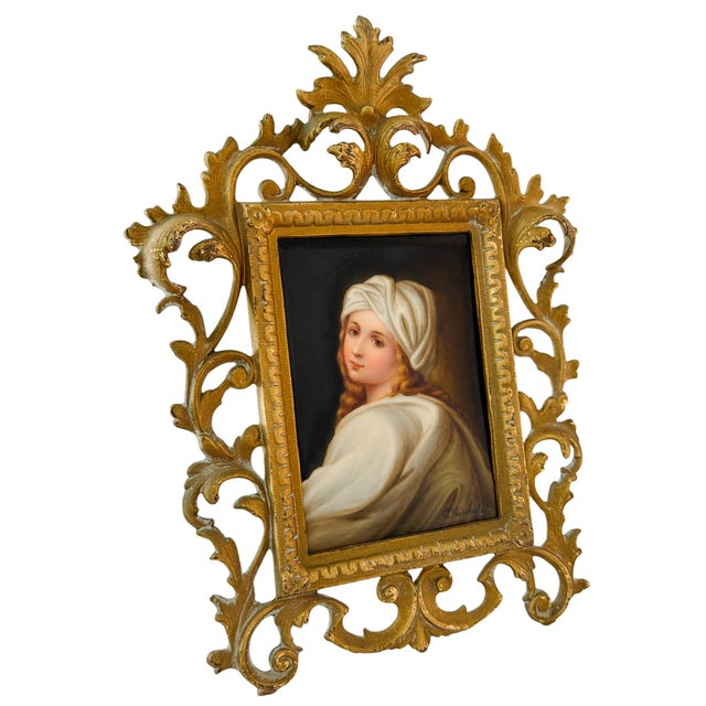 This exquisite 19th-century porcelain plaque is a masterclass in fine-art miniature painting. It features a detailed,...