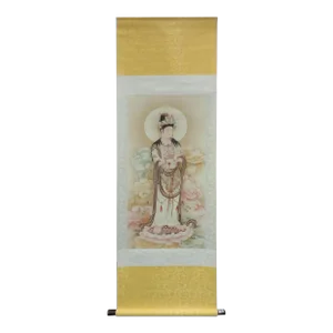 Chinese Hand Painted Lotus Kwan Yin Motif Scroll Painting Jz190s