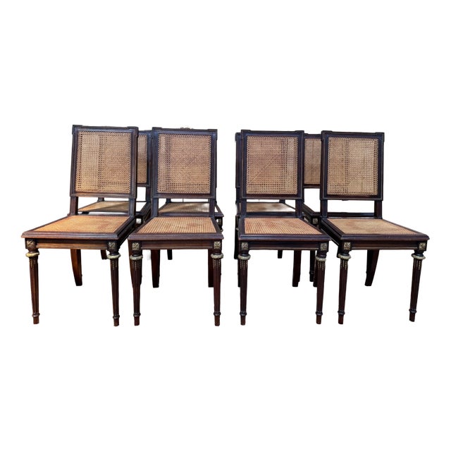 Antique Louis XVI Style Chairs in Mahogany and Gilt Bronze, 1890s, Set of 8 For Sale