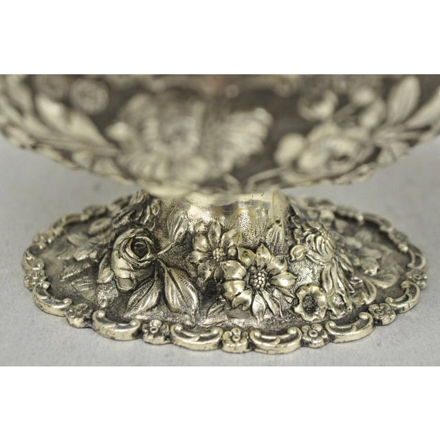 Metal Antique Victorian Japanese Silver Plated Rose Flower Repousse Nut Bowl Dish For Sale - Image 7 of 16