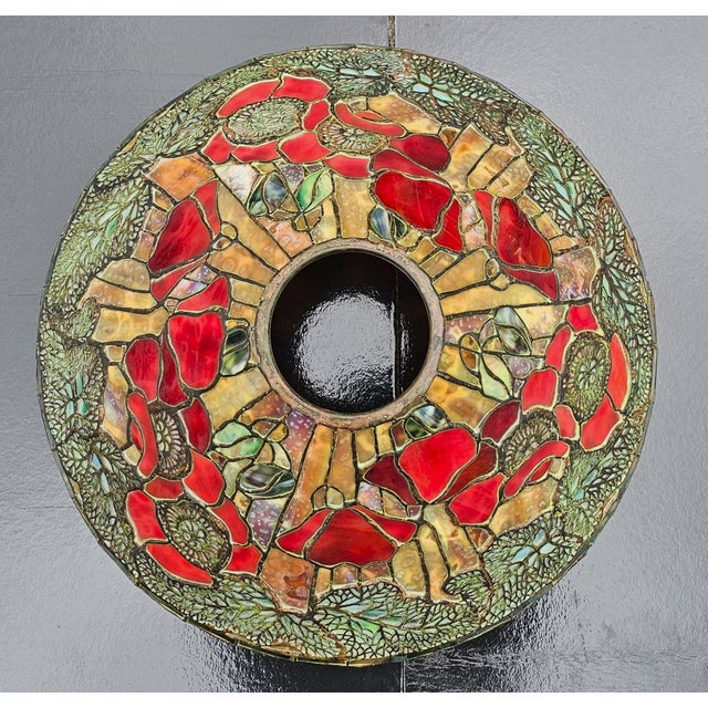 Mid 20th Century Tiffany Studios Style Signed Stained Leaded Glass Lamp Shade Poppy Flowers For Sale In Atlanta - Image 6 of 9
