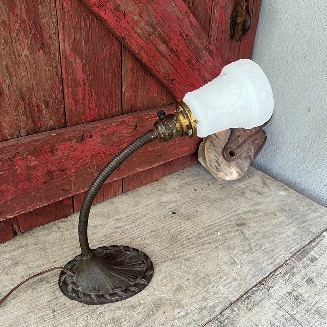 1930s Aladdin Gooseneck Desk Lamp With Embossed Milk Glass Shade For Sale - Image 17 of 17