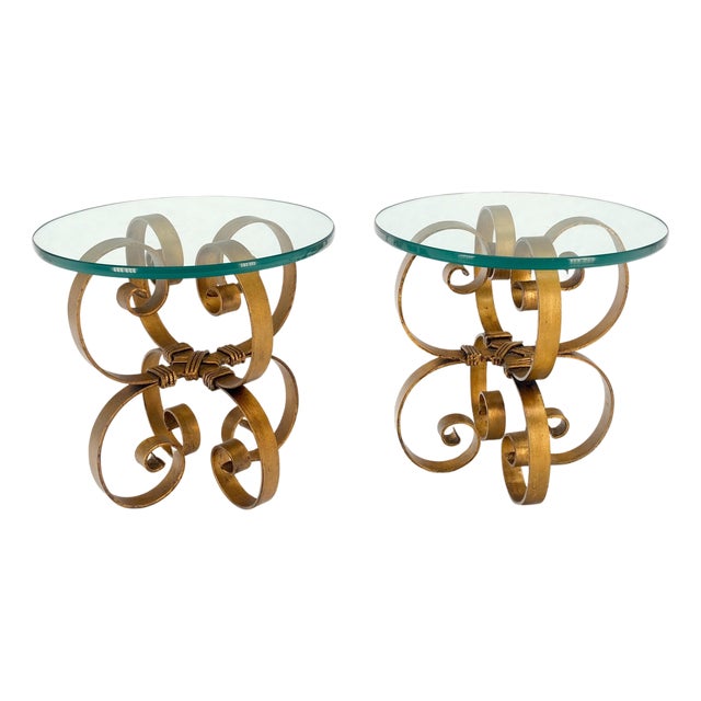 Pair Italian Think 3/4" Glass Top Gold Gilt Scrolls Shape Bases End Tables Stand For Sale