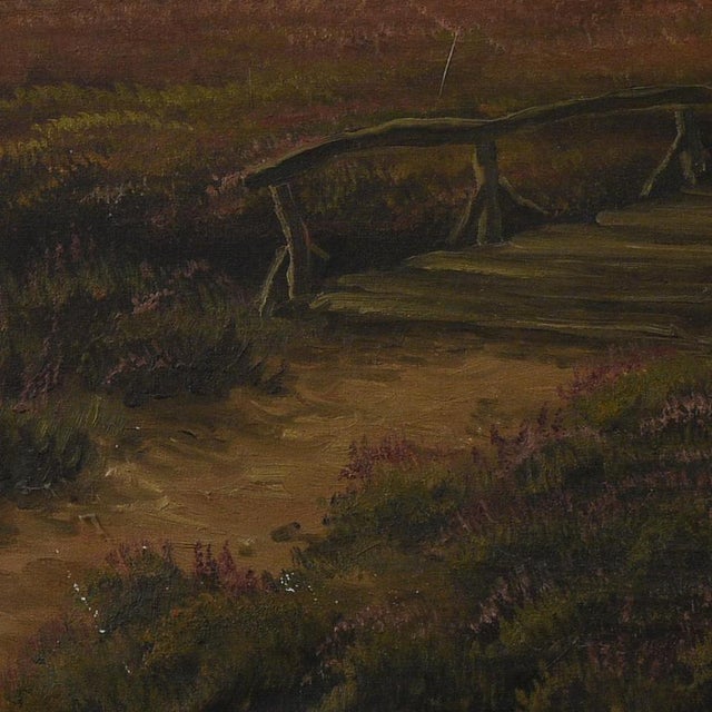 Painting landscape countryside road with bridge oil on canvas gold leaf frame from the early 1900s signed lower right...