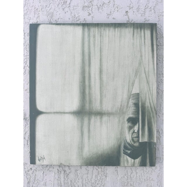 Late 20th Century Vintage "Man Behind the Curtain" Painting Signed Vida, 2nd Painting on Verso For Sale - Image 5 of 10