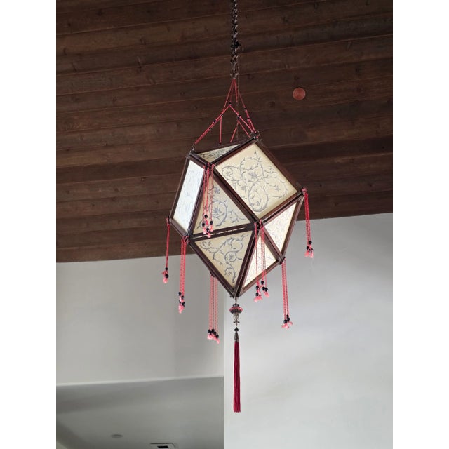 arts and crafts silk lamp form Fortuny with tassels and custom chain.