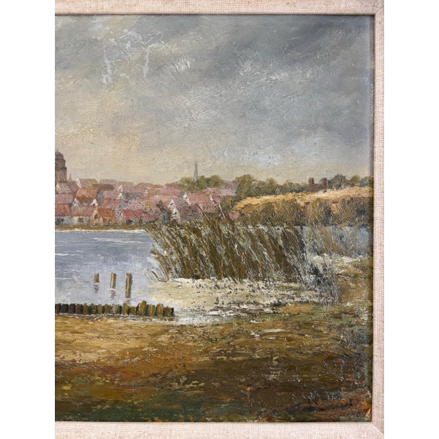 Vintage European Coastal Landscape Oil Painting | Framed Harbor Village Seascape For Sale - Image 9 of 10
