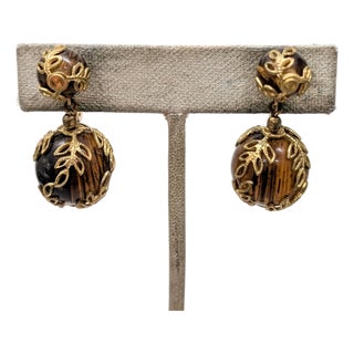 Vintage 1950s Signed Crown Trifari Goldtone Filigree & Faux-Tortoise Dangle Clip Earrings- 2 Pieces For Sale