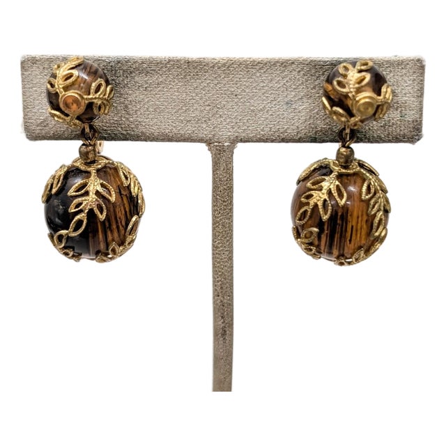 Vintage 1950s Signed Crown Trifari Goldtone Filigree & Faux-Tortoise Dangle Clip Earrings- 2 Pieces For Sale