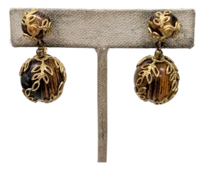 Vintage 1950s Signed Crown Trifari Goldtone Filigree & Faux-Tortoise Dangle Clip Earrings- 2 Pieces