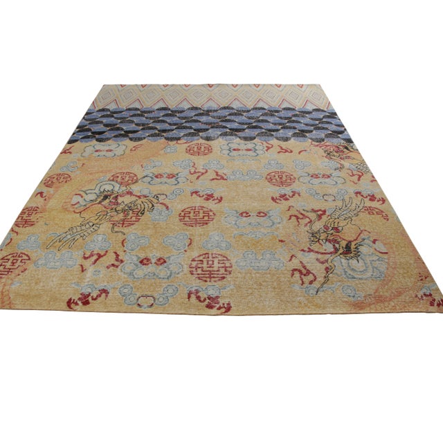 Transitional Handknotted Multi Patterned Chinese Dragon Rug, Orange and Blue, 9'x12' For Sale - Image 3 of 7
