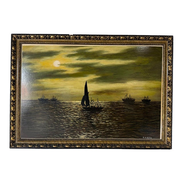 1980s Vintage S. A. Hasan Ocean Boats Seascape Oil on Masonite Painting, Framed For Sale