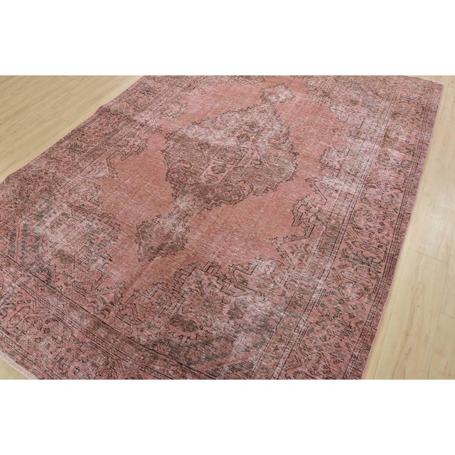 Farmhouse Tabriz Rug 6’11” X 9’11” Pink Wool Vintage Overdyed Hand-Knotted Carpet For Sale - Image 3 of 15