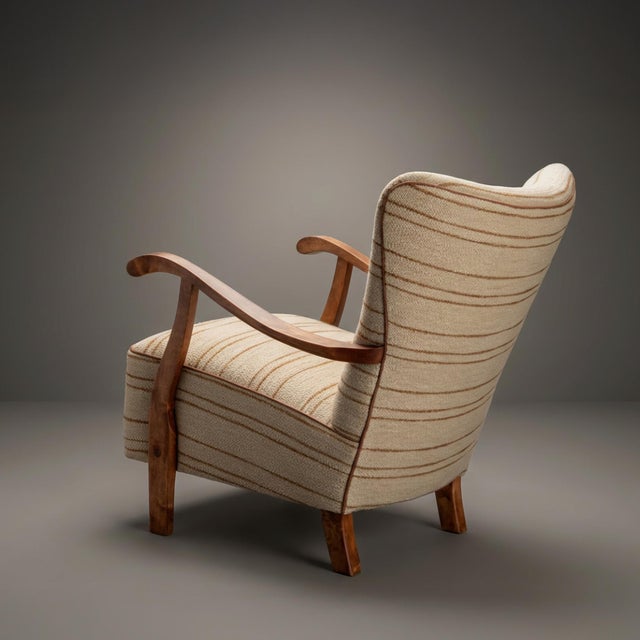 Swedish Modern Arm Lounge Chairs in Linen & Birch, Pair For Sale - Image 4 of 8