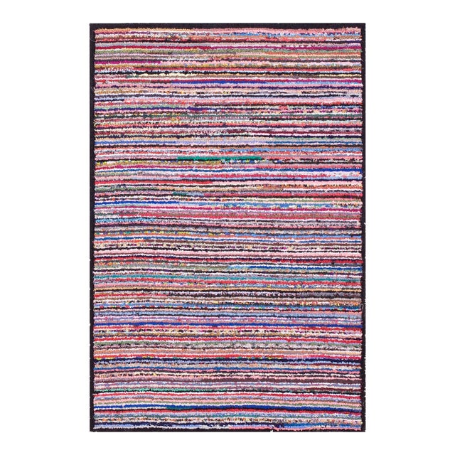 1920s Multicolor Stripe Antique American Hooked Rug 2'7" X 3'9" Handknotted Wool Carpet For Sale