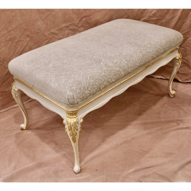 Vintage Giltwood Gold Leaf Newly Upholstered in Cream Chenille Velvet Bench. The gilt wood frame is solid and sturdy. The...