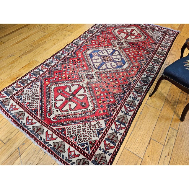 Vintage Shiraz Tribal Area Rug, Hand-Knotted Wool, Geometric Pattern, Red & Ivory, 5x10 For Sale - Image 13 of 13