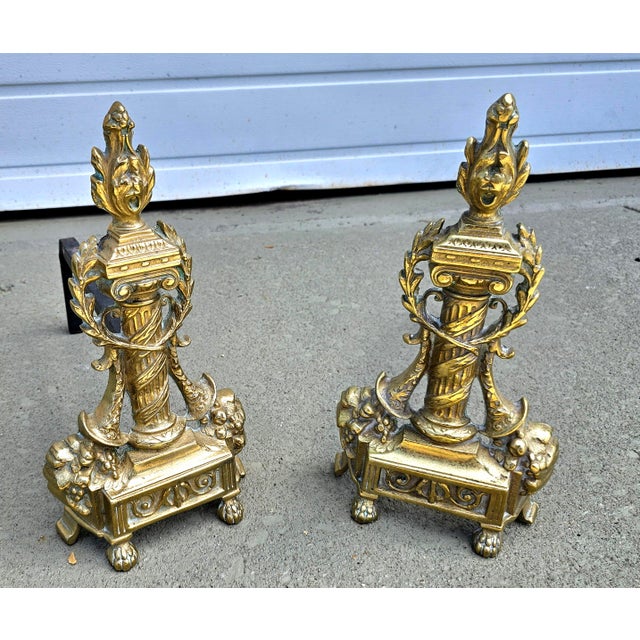 French Pair Antique French Neoclassical Cast Brass Andirons For Sale - Image 3 of 12