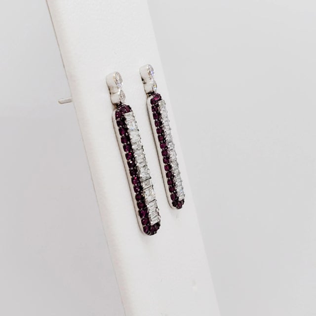Contemporary Estate Diamond and Ruby Dangle Earrings in 18k White Gold - A Pair For Sale - Image 3 of 6