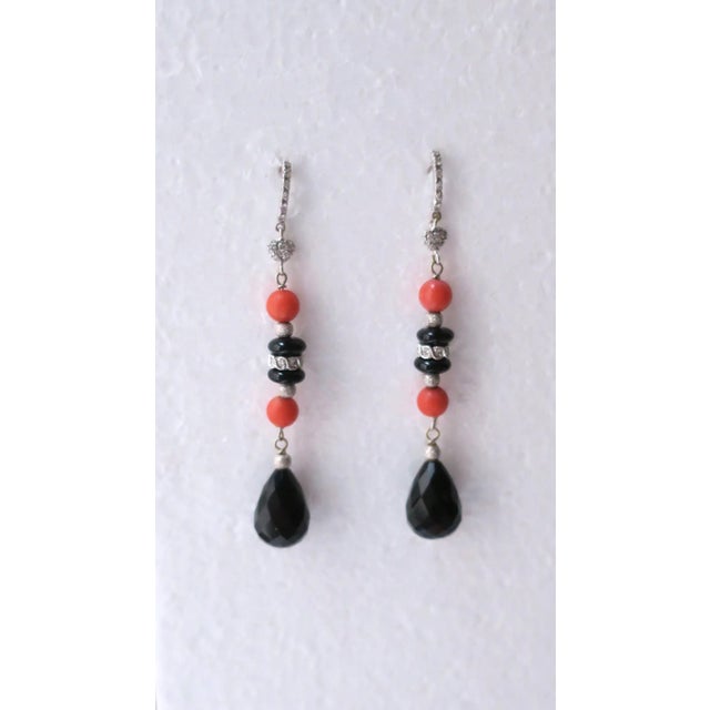 Italian Diamond Coral and Black Onyx Dangle Earrings, Pair For Sale In New York - Image 6 of 10