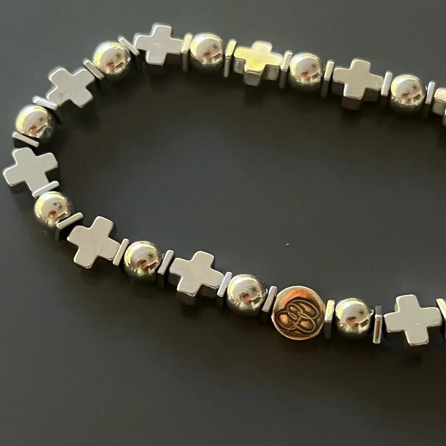 Early 21st Century Cross Beaded Silver Hematite Stone Men Bracelet For Sale - Image 5 of 6