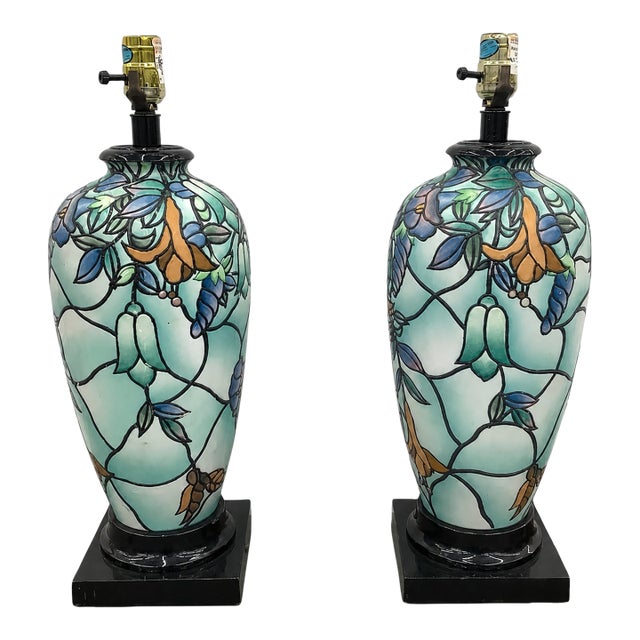 Pair of Art Nouveau Floral Cloisonné-Style Ceramic Table Lamps With Hollywood Provenance For Sale