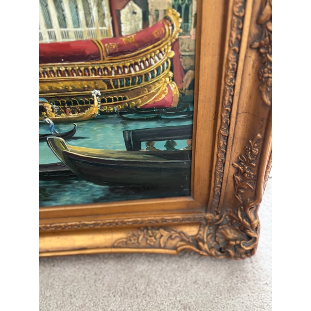 Mid 20th Century Mid 20th Century Original Oil on Canvas Painting of Venice With Stunning Carved and Gilded Wood Frame by De Taro For Sale - Image 5 of 8