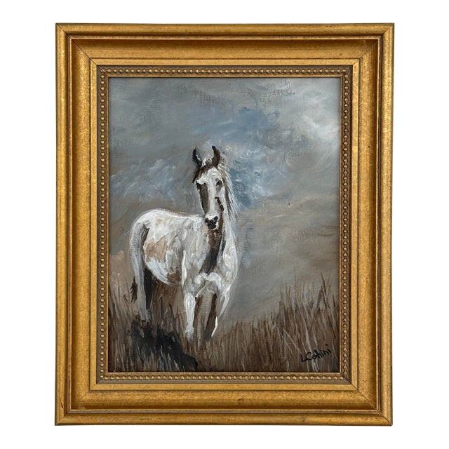 Original Equestrian Horse Oil Painting Signed Gold Gilt Frame For Sale