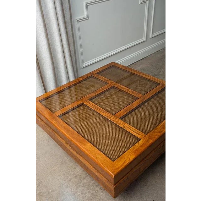Vintage 1970s Monumental Pedestal Coffee Table With Cane and Smoked Glass Top For Sale - Image 4 of 4