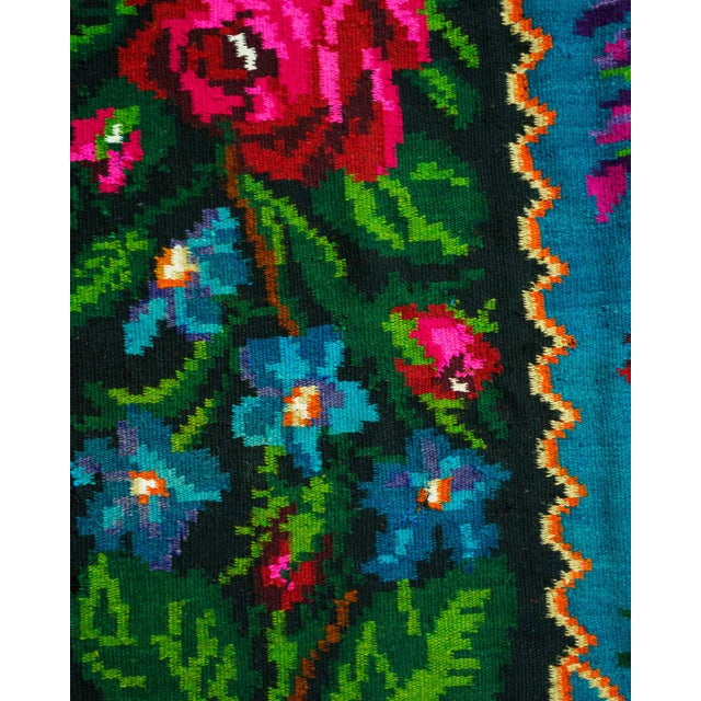 Vintage Romanian Handwoven Wool Rug with Floral Folk Pattern and Fringe, 1960s For Sale - Image 4 of 13