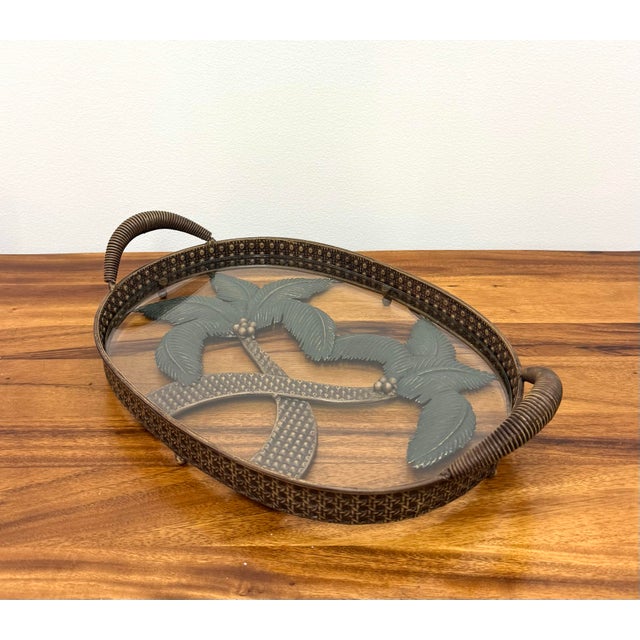 Vintage Coastal Palm Tree Glass Serving Tray With Metal Frame For Sale - Image 4 of 8