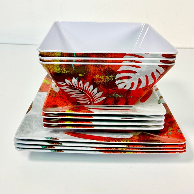 1990s Vintage Boho Chic Coastal Palm Leaf Melamine Dinnerware - 11 Piece Set For Sale - Image 4 of 13