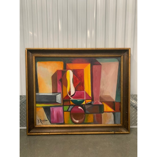 Wood Late 20th Century Framed and Signed Geometric Abstract Painting For Sale - Image 7 of 7