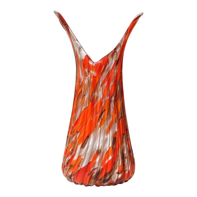 Murano Vintage Fratelli Toso Bright Orange Copper Aventurine Flecks Italian Art Glass Flared Rim Flower Vase For Sale