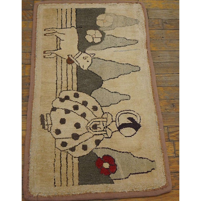 Textile 1920s Gray Scene Pictorial Antique American Hooked Rug 1' 6" X 2' 9" Handknotted Wool Carpet For Sale - Image 7 of 7