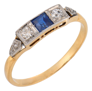 1910s Edwardian Sapphire Diamond 18k Yellow Gold Ring, Size 6
