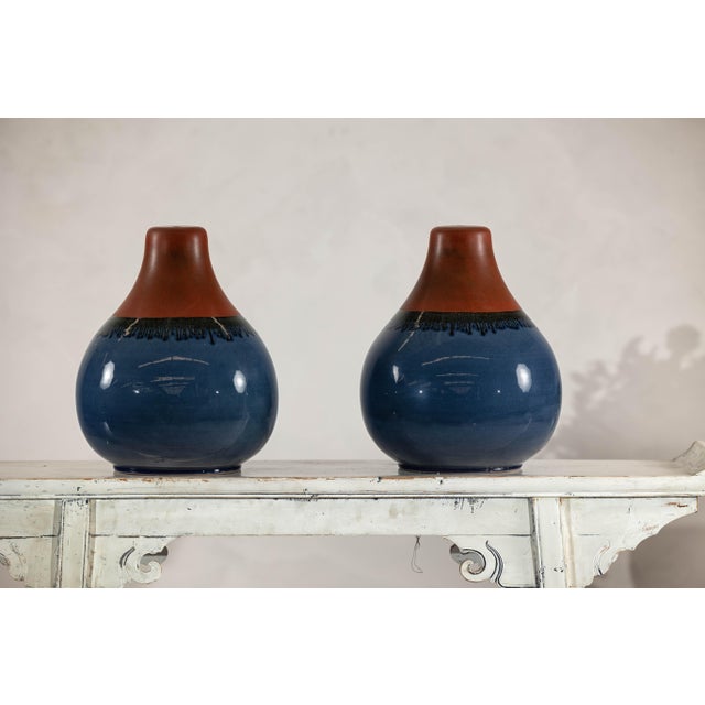 Ceramic Pair of Artisan Ceramic Vases in Midnight Blue, Pre-Drilled for Lamp Conversion For Sale - Image 7 of 12