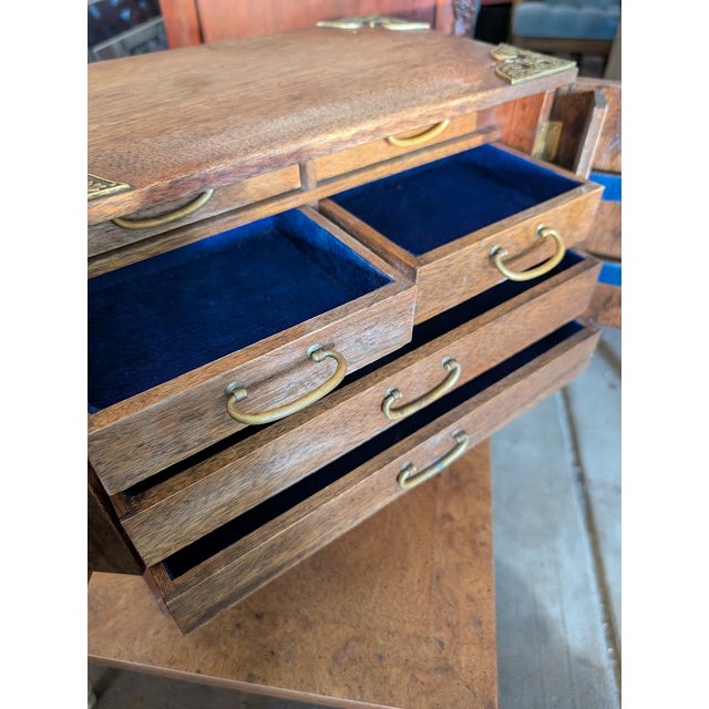 Vintage Chinoiserie Phoenix Jewelry Box | Ornate Brass Hardware, Double Doors & Multi-Drawer Interior For Sale - Image 12 of 17