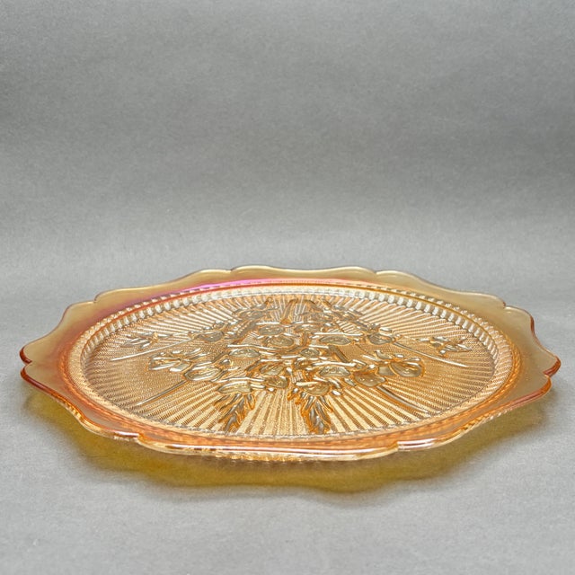 Jeannette Glass Vintage Jeannette Glass “Iris and Herringbone” Marigold Carnival Glass Cake Plate For Sale - Image 4 of 6