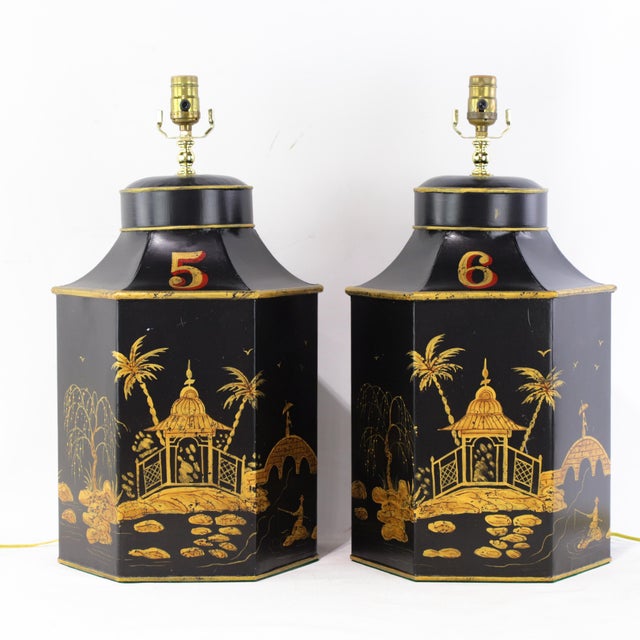 Pair of Vintage English Export Chinoiserie Hexagonal Tea Caddy Table Lamps No. 5 & 6 For Sale - Image 15 of 15