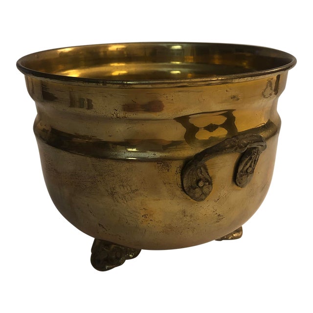 Mid 20th Century Vintage Solid Brass Footed Planter With Handles For Sale