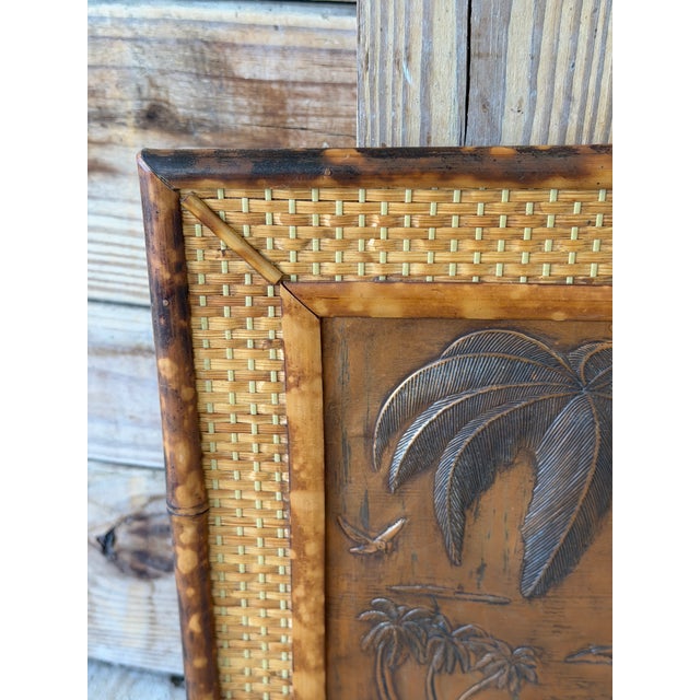 Vintage Hawaiian Tiki Copper Relief in Tortoise Bamboo Frame With Woven Rattan Mat For Sale - Image 4 of 12