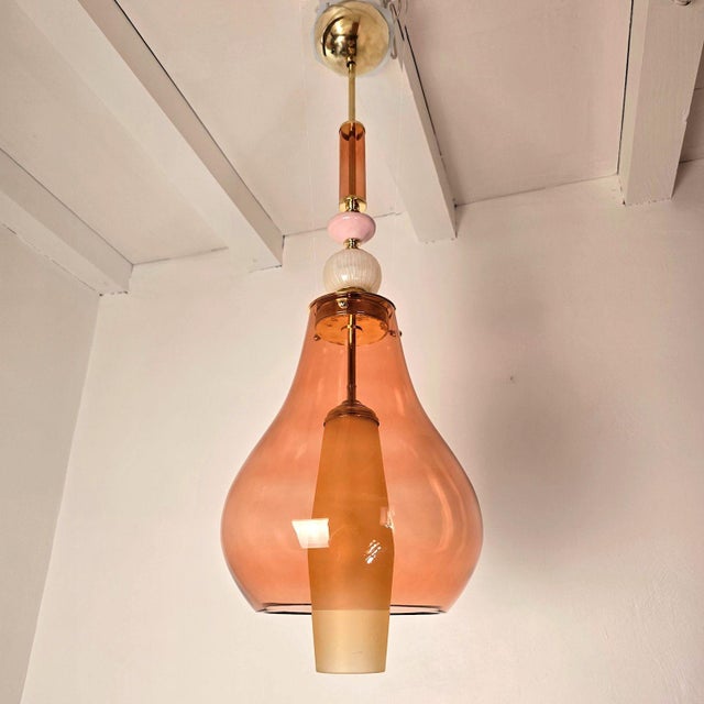 1990s 1990s Pink and Amber Murano Glass Pendant Lights - Pair For Sale - Image 5 of 13