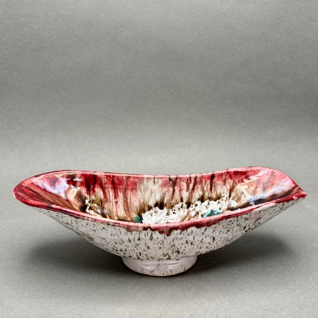 • Italian Mid-Century Modern elongated art pottery dish. • Made in Italy, likely circa 1950s–1960s. • Red, cream, brown,...