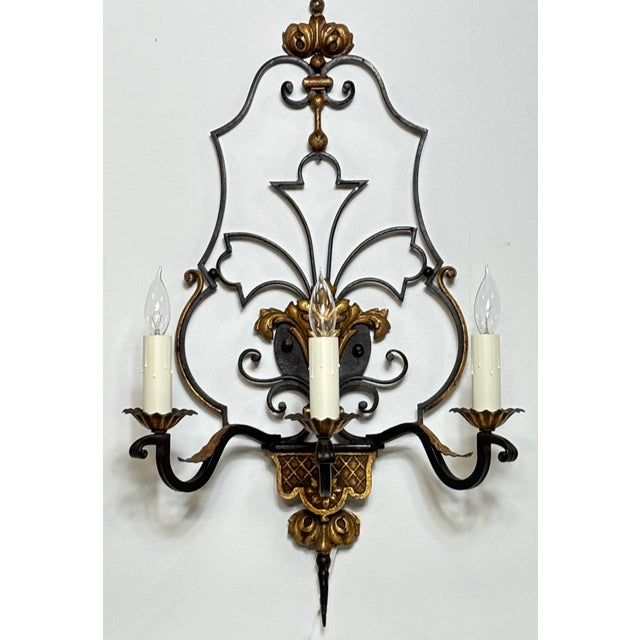 Mediterranean Large Pair of 1920s Mediterranean Style Wrought Iron Sconces For Sale - Image 3 of 8