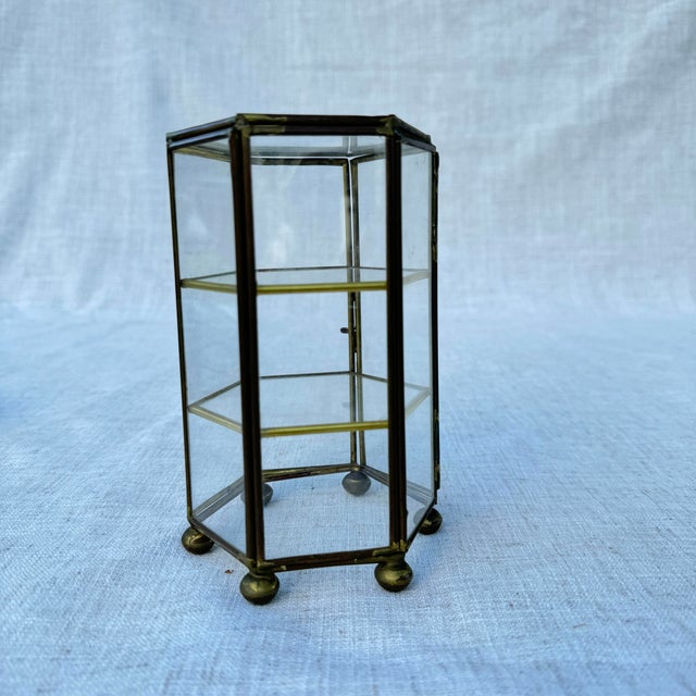 Petite, table-top-sized brass and glass case. Two interior shelves inside and an additional one on the top, if you so...