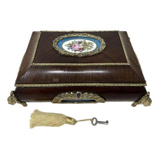 Antique French Sevres Porcelain Jewelry Wooden Regency Jewellery Box Casket 19Ct For Sale