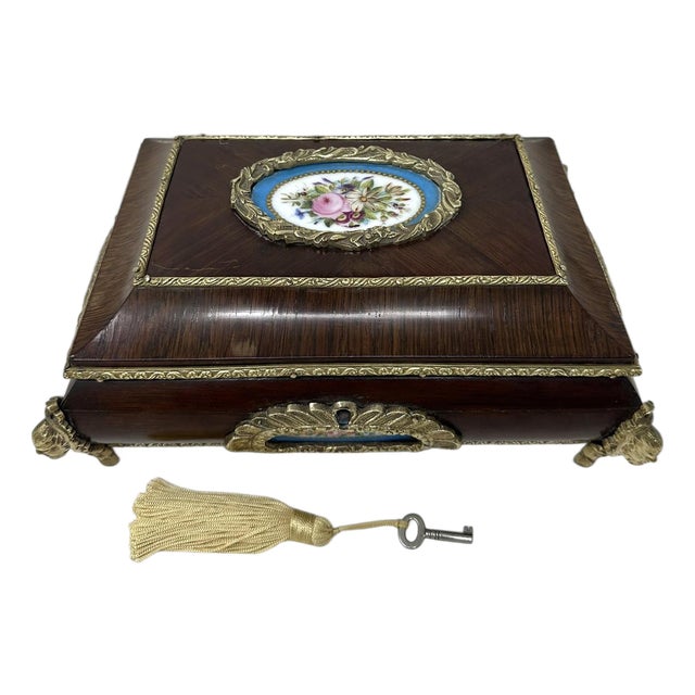 Antique French Sevres Porcelain Jewelry Wooden Regency Jewellery Box Casket 19Ct For Sale