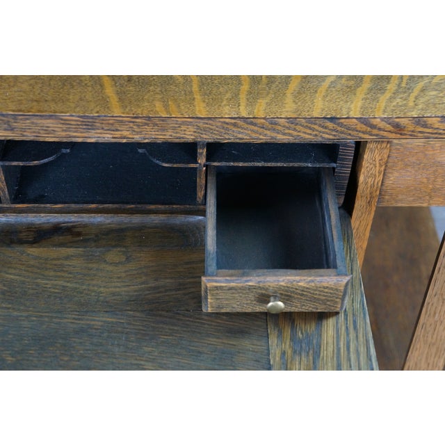 Brown Antique Mission Arts Craft Quartersawn Oak Library Bookcase Table Desk Inkwell For Sale - Image 8 of 18