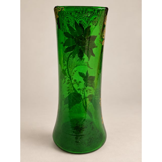 Beige French Art Nouveau Belfort Vase in Enameled Emerald Green Glass by Legras Montjoye, 1900s For Sale - Image 8 of 12